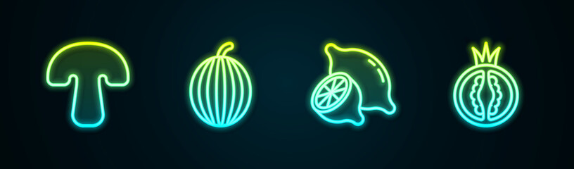 Poster - Set line Mushroom, Watermelon, Lemon and Tomato. Glowing neon icon. Vector