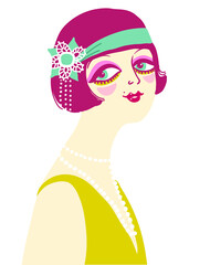 Wall Mural - Vintage flapper girl portrait 1920s style fashion dress and accessories. Vector retro woman with dark hair and beads on her neck on pink backlground