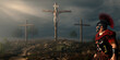 Crucifixion and Resurrection. Jesus on the cross. Roman centurion looks at him. Easter or Resurrection concept. He is Risen. Happy Easter. 3D rendering.