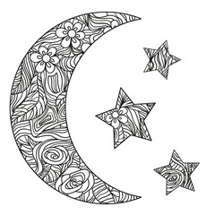 Wall Mural - Crescent on white. Moon and stars with abstract patterns on isolation background. Zentangle. Design for spiritual relaxation for adults. Black and white illustration for anti stress colouring page