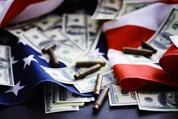 Flapping flag USA with wave. American flag for Memorial Day or 4th of July. Closeup of American flag dark background