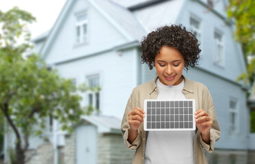 sustainable energy, power and sustainability concept - happy smiling woman with solar battery model over living house background