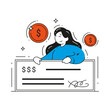Happy woman with salary paycheck legal deal agreement signature vector flat illustration. Female holding financial banking payment document income wealth isolated. Receive pay wage