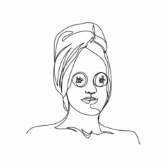 Poster - Continuous one simple single abstract line drawing of female on towel head and cucumber slices on eyes icon in silhouette on a white background. Linear stylized.