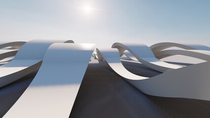 Abstract architecture background white curved stripes in design 3d render