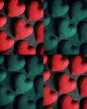Collage Of Red And Green Hearts On A Concrete Background