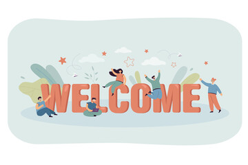 Wall Mural - Team of tiny happy office people with huge welcome word. Poster with message for new worker on green background flat vector illustration. Celebration, work concept for banner or website design