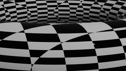 Black and white stripes waving surface with moving torus on top of it. Modern isometric background loop animation