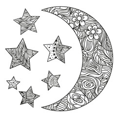 Wall Mural - Crescent on white. Moon and stars with abstract patterns on isolation background. Zentangle. Design for spiritual relaxation for adults. Black and white illustration for anti stress colouring page