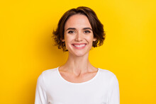 Photo Of Young Lovely Woman Toothy Smile Visit Dentist Whitening Procedure Isolated Over Yellow Color Background