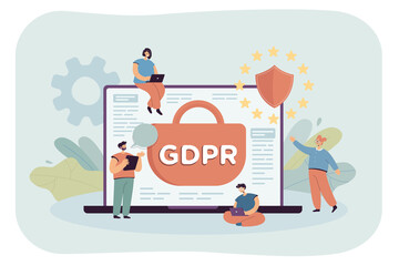 Wall Mural - Team of tiny business persons with GDPR symbol on laptop screen. People protecting personal information flat vector illustration. General data protection regulation, privacy concept for banner
