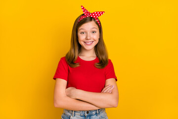 Poster - Portrait of sweet cute cheerful little woman with folded hands retro style apparel isolated on yellow color background