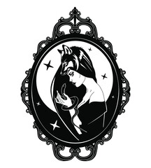 Witch in the mirror. Gothic demonic female sacred  design