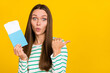 © deagreez - Photo of young excited lady indicate finger empty space direct suggest recommend trip isolated over yellow color background