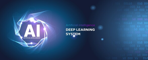 Wall Mural - artificial intelligence landing page. website template for ai machine deep learning technology conce