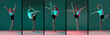 Set of portraits of little flexible girl, rhythmic gymnastics artist training isolated on green studio background in neon pink light. Grace in motion, action.