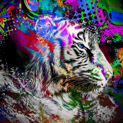 Wall Mural - Bright abstract colorful background with tiger, paint splashes