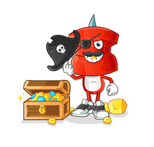 Push Pin Head Cartoon Pirate With Treasure Mascot. Cartoon Vector