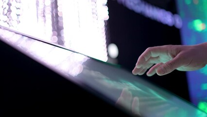 Finger hand of business man turns monitor virtual touch screen button with display futuristic artificial intelligence. Technology Computer AI Digital Future Interface Innovation Digitalization concept