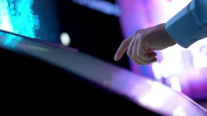 Finger hand of business man turns monitor virtual touch screen button with display futuristic artificial intelligence. Technology Computer AI Digital Future Interface Innovation Digitalization concept