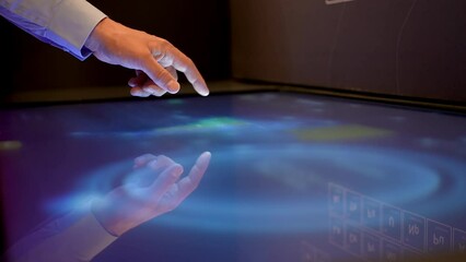 Finger hand of business man turns monitor virtual touch screen button with display futuristic artificial intelligence. Technology Computer AI Digital Future Interface Innovation Digitalization concept