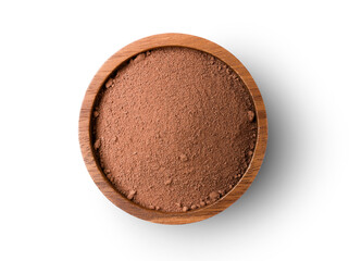 Wall Mural - Closeup cocoa powder in wooden bowl isolated on white background with clipping path. Top view.  Flat lay.