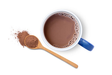 Wall Mural - Hot chocolate cocoa drink in blue ceramic mug with cocoa powder in wooden spoon isolated on white background. Top view. Flat lay.