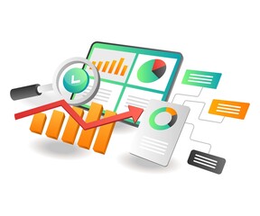 Isometric illustration concept. Network analysis seo optimization web application