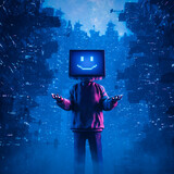 Fototapeta Miasto - Gamer monitor head smiley media concept - 3D illustration of hoodie wearing character with smiling computer display face standing in futuristic cyberpunk city
