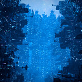 Fototapeta Miasto - Cyberpunk city at night - 3D illustration of dark towering futuristic science fiction urban cityscape