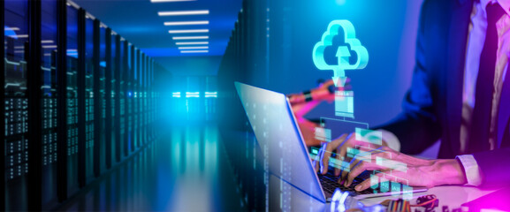 cloud computing,Digital technology,data exchange and futuristic technology concept.Businessman working modern computer Document Management System (DMS) on server.Laptop with cloud computing diagram.