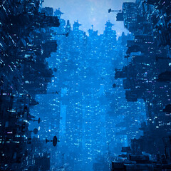 Wall Mural - Cyberpunk city at night - 3D illustration of dark towering futuristic science fiction urban cityscape