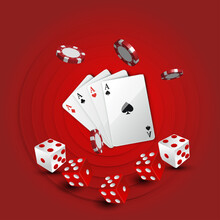 Playing Cards With Dice On Red Background