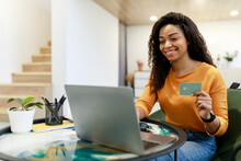 Happy Woman Holding Debit Credit Card, Using Pc