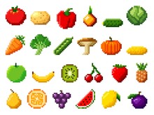 Retro Pixel Art Food Isolated Icons With 8bit Pixel Fruits And Vegetables. Vintage 8 Bit Console Game Asset, Computer Arcade Vector Items Set With Berries, Mushroom, Farm Veggies And Exotic Fruits