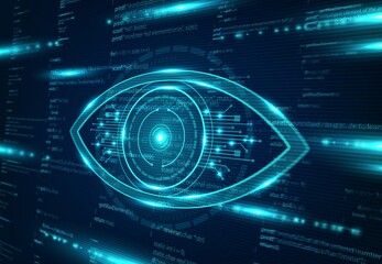 Leinwandbilder - Cyber spy technology, virtual eye of internet control surveillance and digital invigilation vector background. Cyber espionage and global security, futuristic tracking and online surveillance