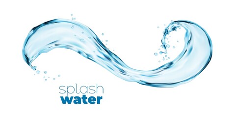  Spiral transparent water wave splash, isolated blue water swirl with drops. Realistic vector flow, liquid splashing aqua dynamic motion with spray droplets, hydration element, fresh 3d drink