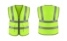 Isolated Safety Vest Jacket, Security And Worker Uniform Wear. Realistic Vector Mockup Of High Visibility Clothing, 3d Fluorescent Green Safety Waistcoat With Reflective Stripes, Workwear