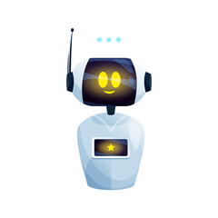 Aufkleber - Robot smart helper with typing message sign above hand, friendly positive chatbot, ai helper isolated customer support service assistant. Vector online consultant, futuristic sci-fi character