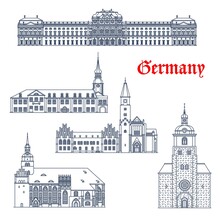 German Cathedrals And Churches In Brandenburg And Wurzburg, Vector Architecture Buildings. Germany Saint Catherine Church And Gotthardtkirche, Bishop Residence And Spremberg Rathaus Town Hall
