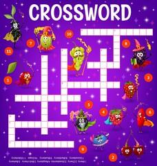 Poster - Cartoon berry fairy and wizard characters crossword puzzle game grid. Find a word vector quiz worksheet, kids education maze with funny magic fruits, strawberry, cherries, grape and blueberry