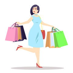 Wall Mural - Feeling delighted after shopping day semi flat RGB color vector illustration. Happy beautiful lady isolated cartoon character on white background