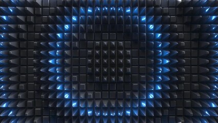 Wall Mural - cycled 3d animation, abstract futuristic background with geometric texture and blue neon glow, cyber technology wallpaper with radial waves