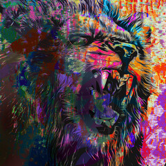 Wall Mural - lion head with creative colorful abstract elements on dark background