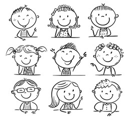 Leinwandbilder - Doodle kids set - happy children heads, cartoon characters