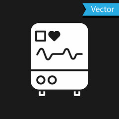 Sticker - White Computer monitor with cardiogram icon isolated on black background. Monitoring icon. ECG monitor with heart beat hand drawn. Vector Illustration