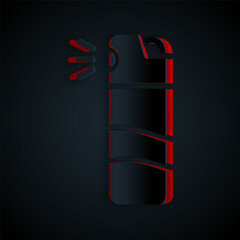 Poster - Paper cut Pepper spray icon isolated on black background. OC gas. Capsicum self defense aerosol. Paper art style. Vector