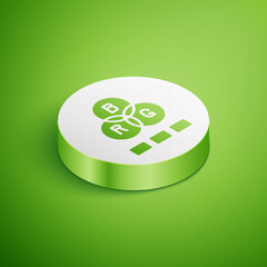 Wall Mural - Isometric RGB color mixing icon isolated on green background. White circle button. Vector