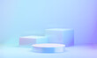 © Thannaree - Two cube cylinder Hologram color podium display background with cloud clean wall in purple theme. 3D illustration rendering.