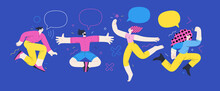 Happiness - Happy Young Man And Woman Jumping In The Air Cheerfully. Modern Flat Vector Concept Illustration Of A Happy Jumping And Dancing Person. Feeling And Emotion Concept.
